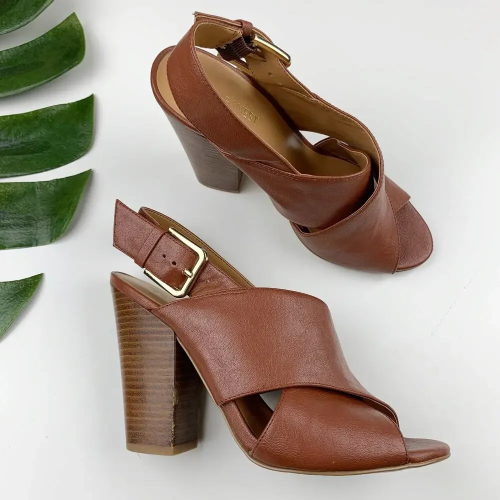 Nine West Official Sandals High Heels Brown Faux Leather Criss Cross Women's 7.5